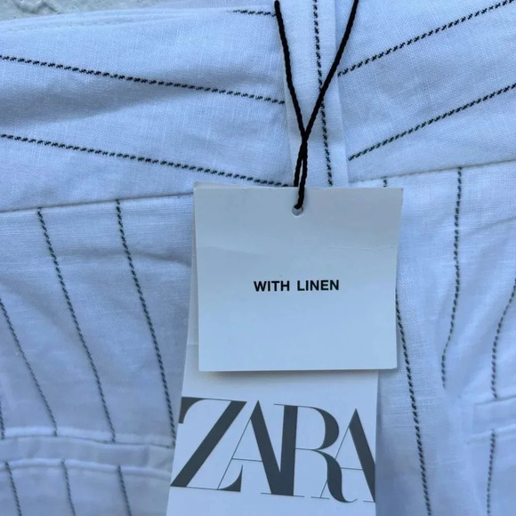 Zara Womens Bloggers Favorite Casual Stripes Linen Trouser Pants White Size XL - Picture 7 of 14